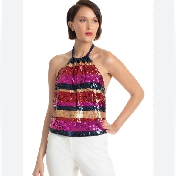 Trina Turk Tamika Sequin Open Back Halter Top Sz Small Chic Party Colorful Date - Picture 4 of 11